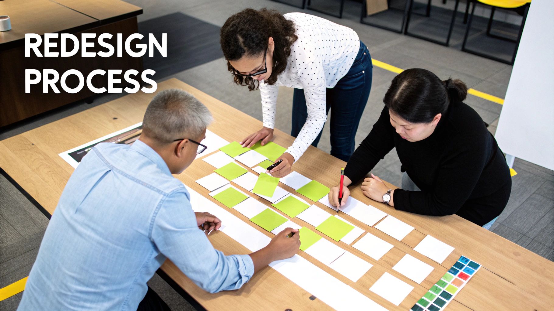 A team collaborating around a whiteboard, redesigning a business process with sticky notes and diagrams.