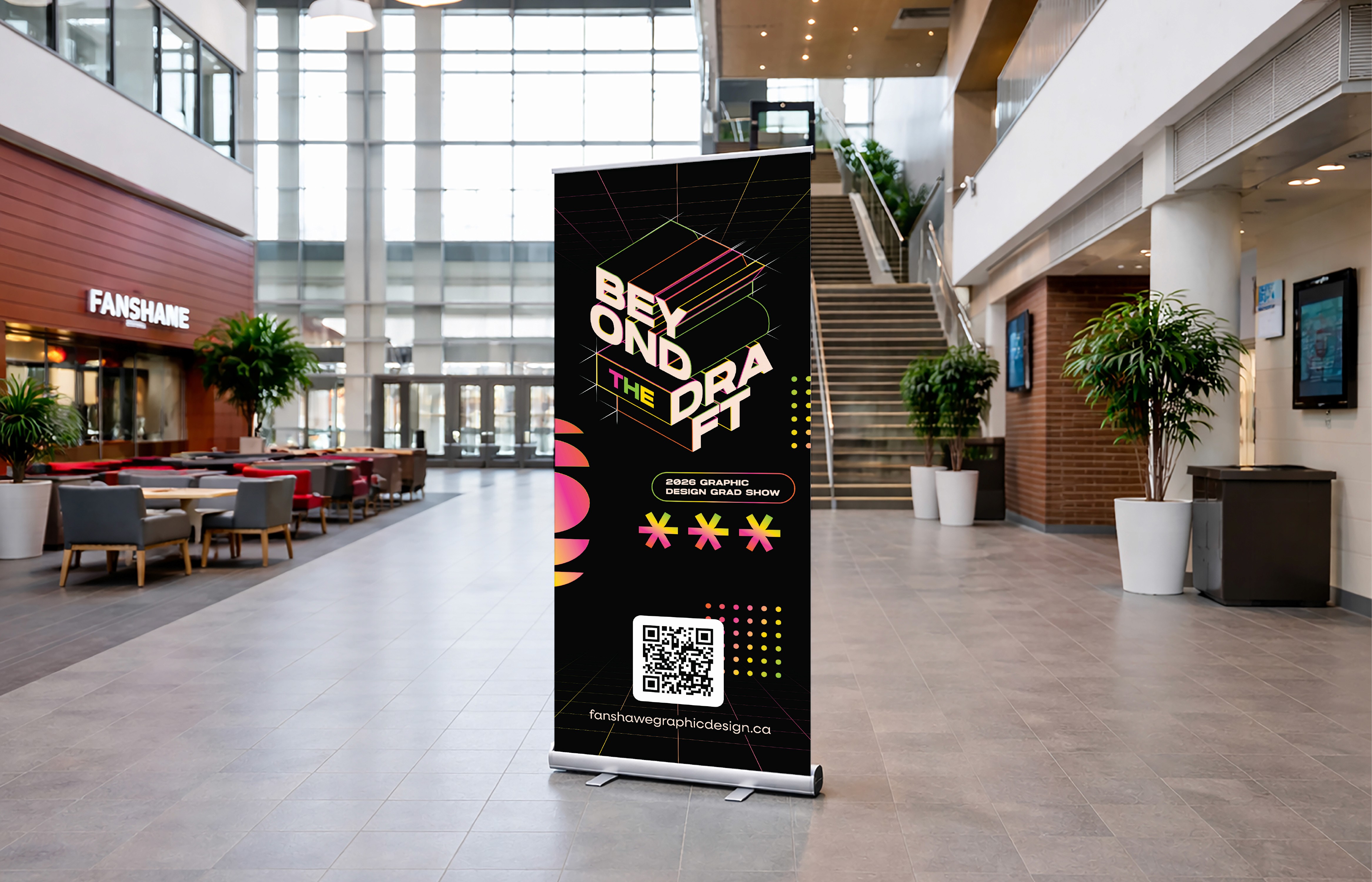 Mockup of the banner designed for the event placed in an environment that depicts Fanshawe College.