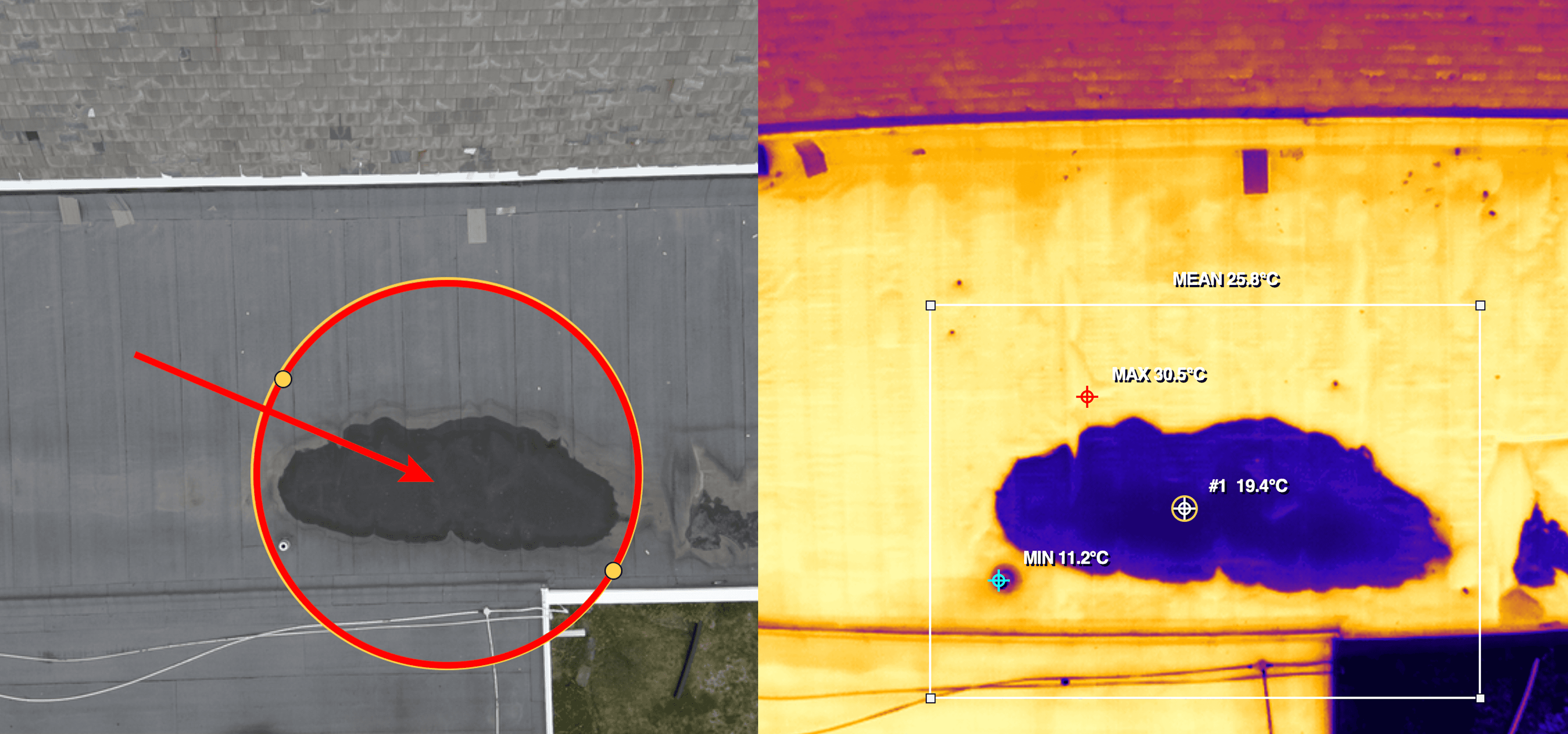 a side by side image comparison between a rgb and thermal image of a roof