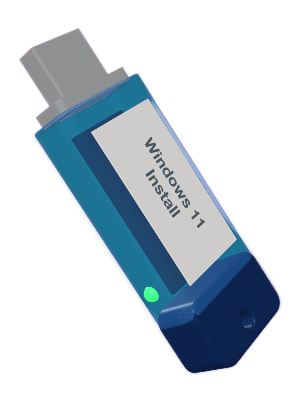 A USB install media drive labeled Windows 11 Install, green activity light glowing