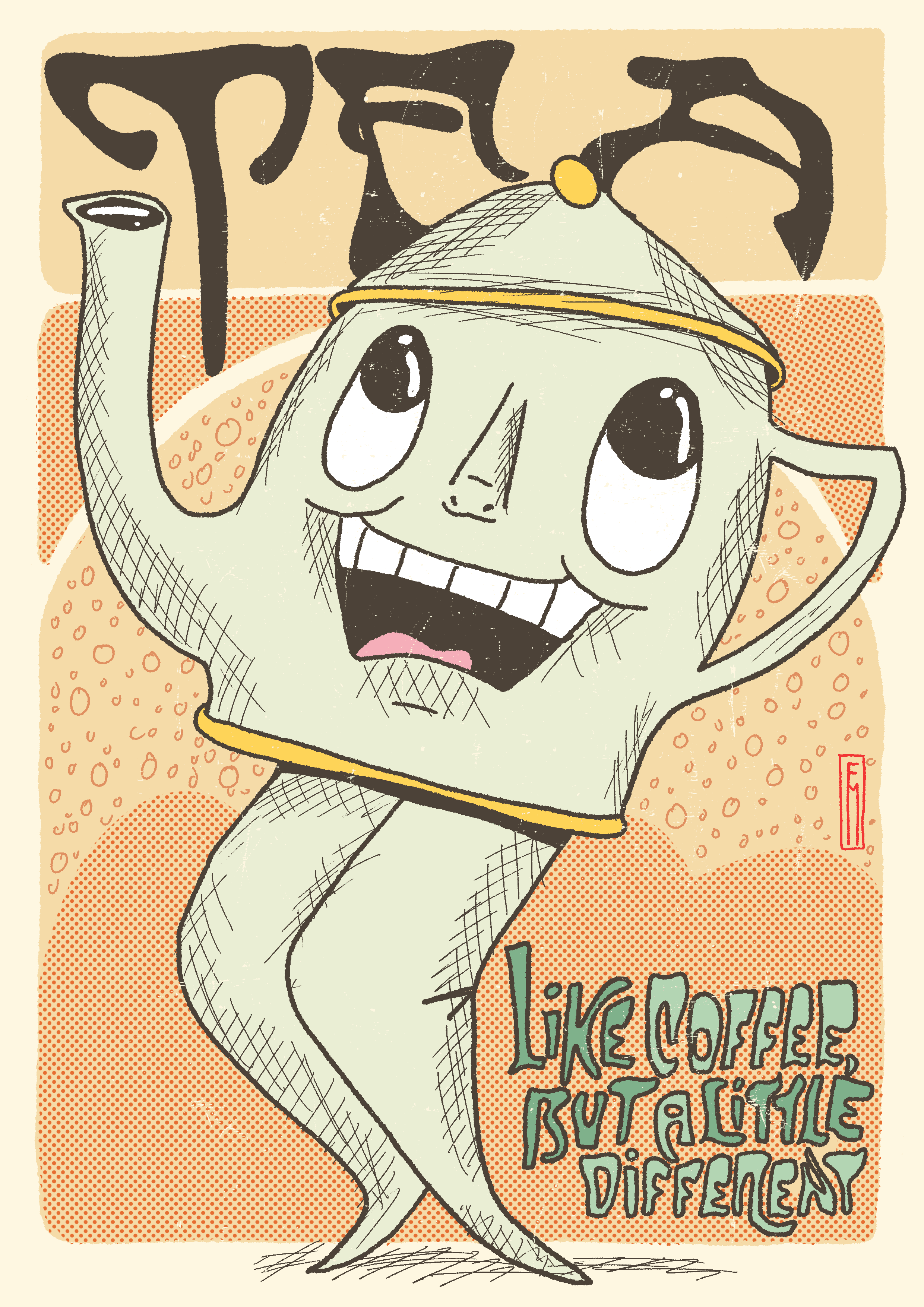 A pot of tea with a face and legs