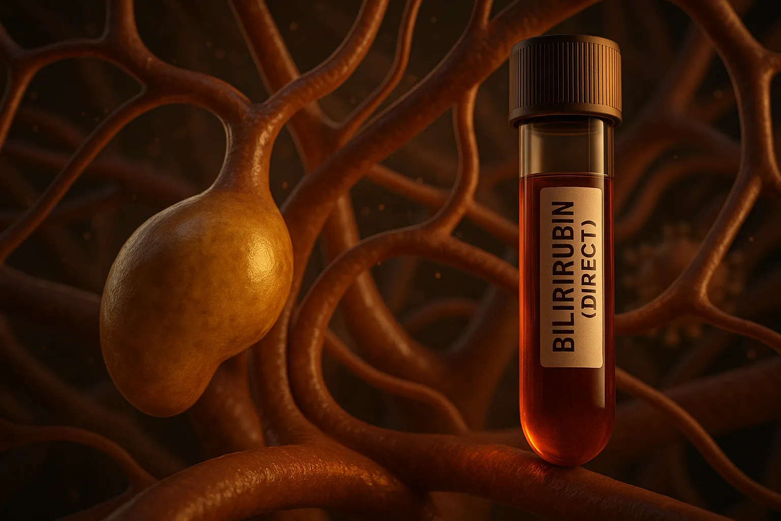 Direct bilirubin blood test vial with stylized bile ducts and gallbladder