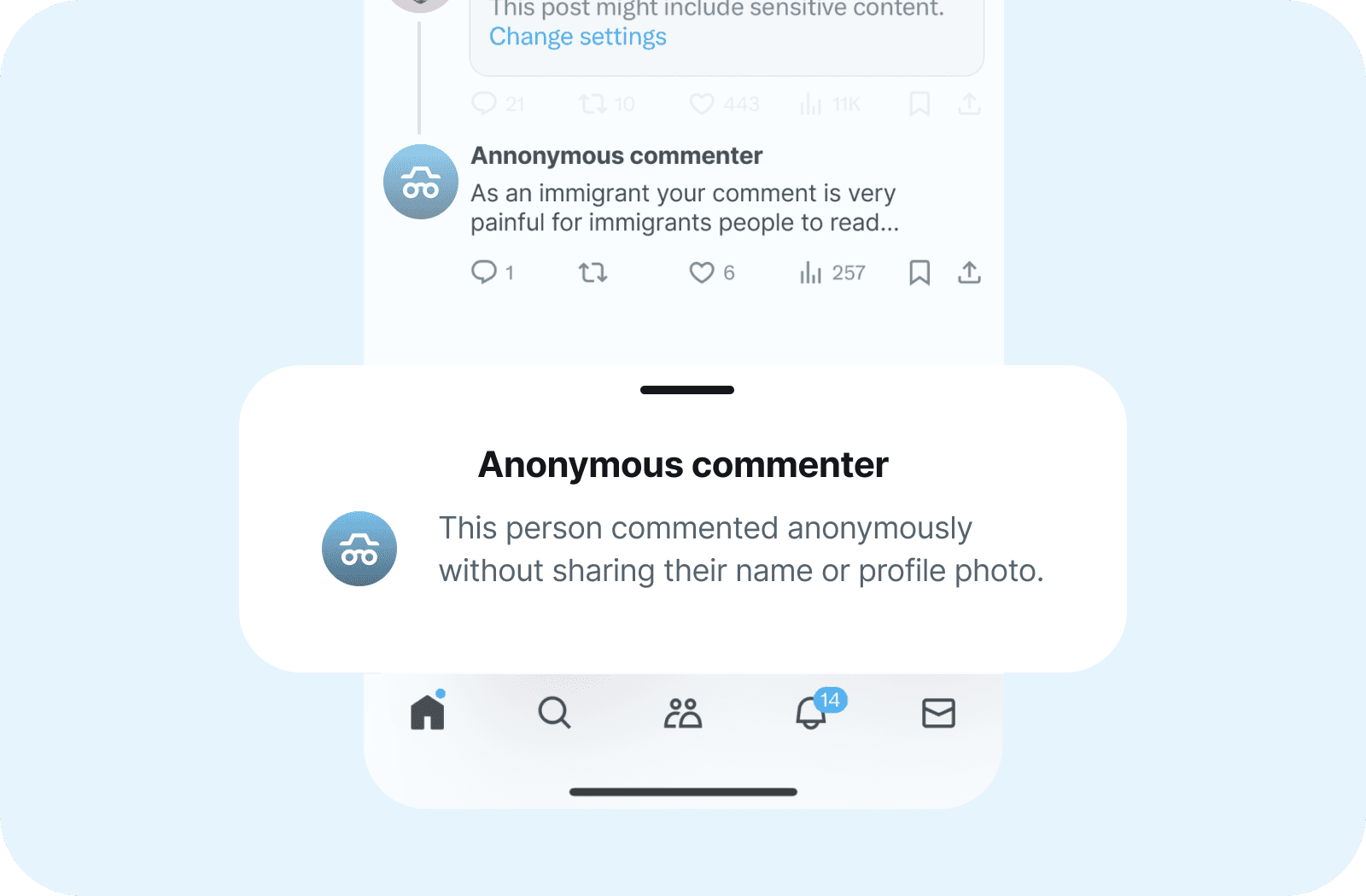 Anonymous comments view in the feed. Mitigating Hate Speech on Social Media Using AI.