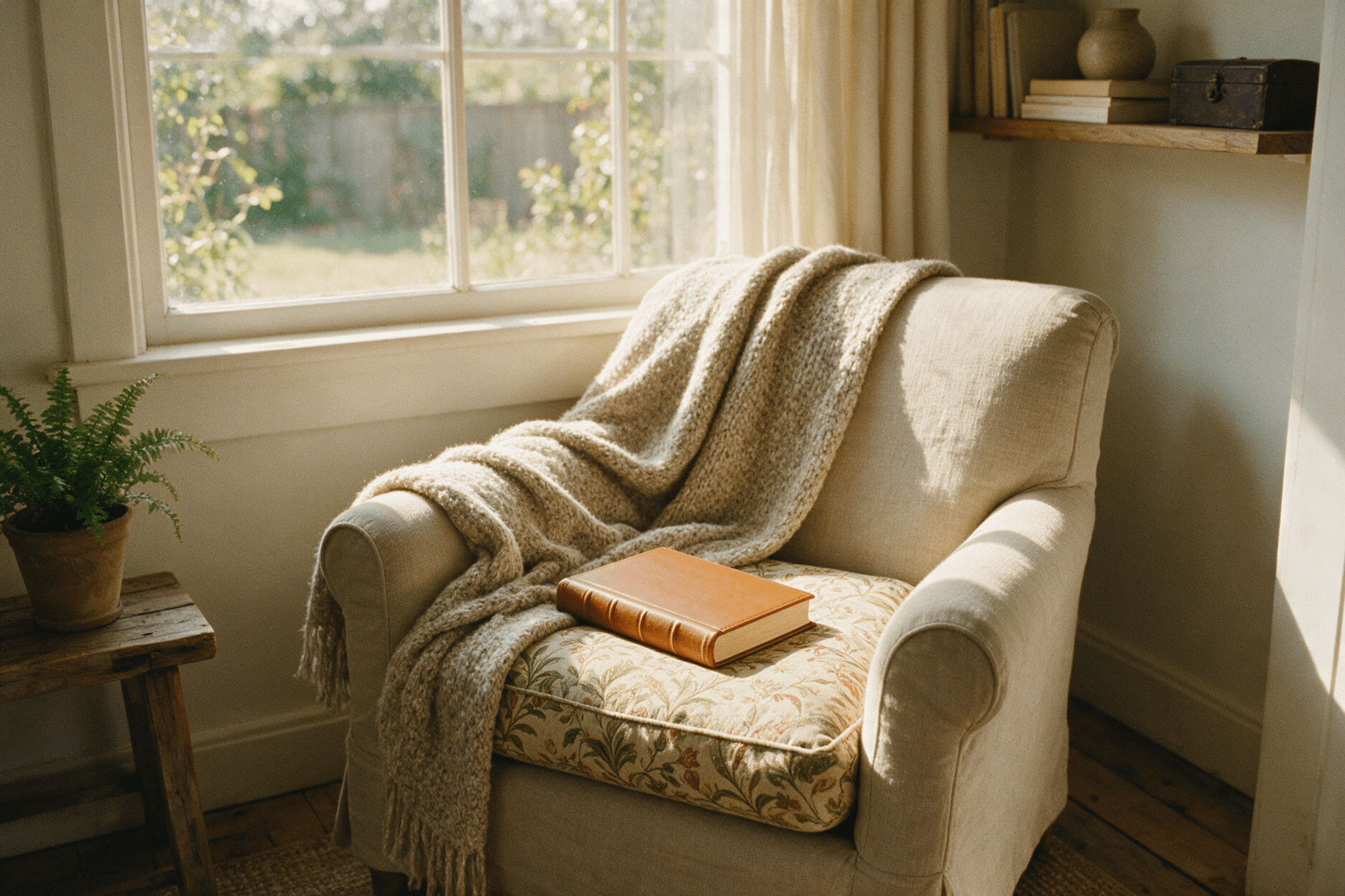 A quiet reading nook with a blanket and closed book