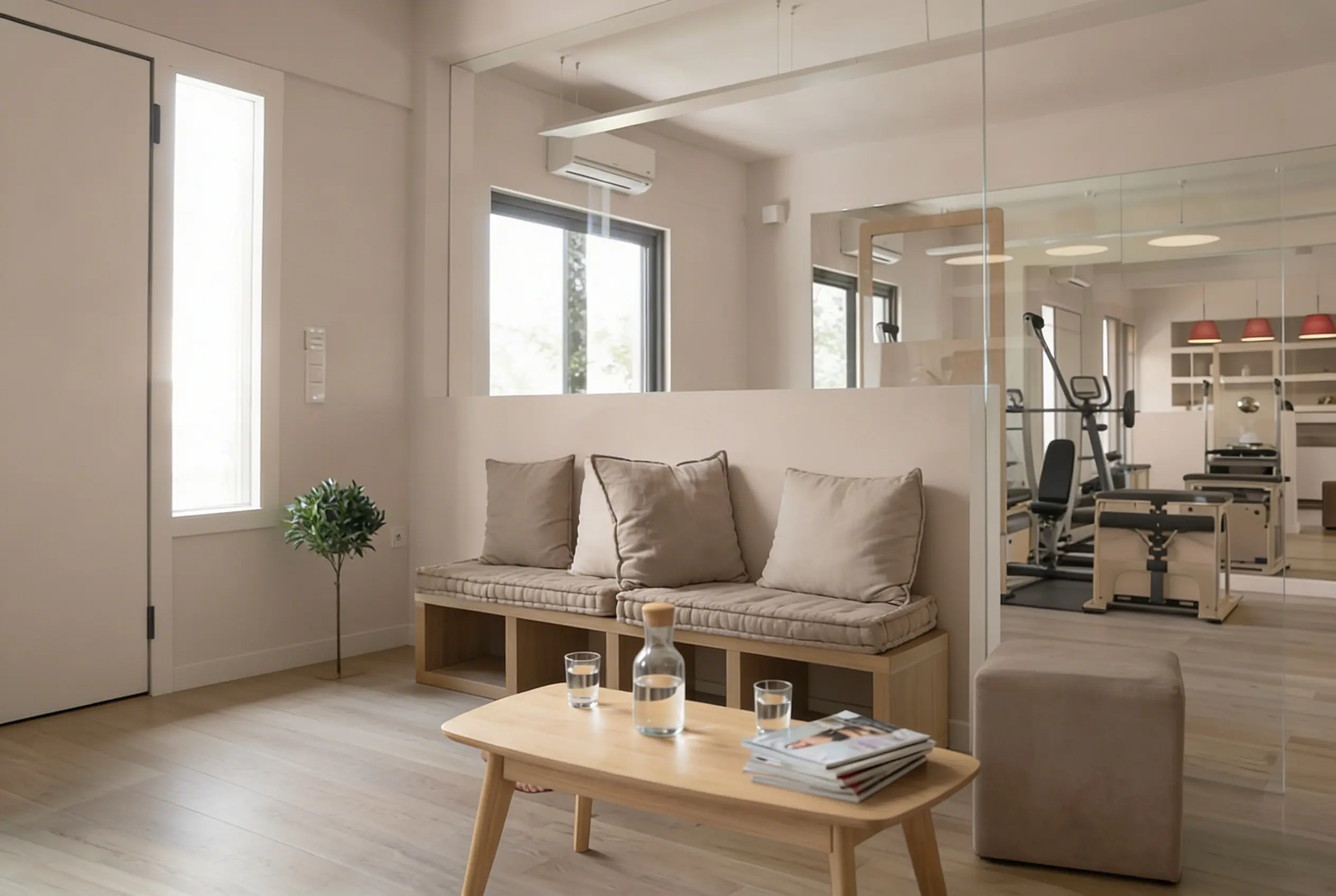 modern entrance waiting room with a small sofa decorated with cusions and a wooden coffee table 