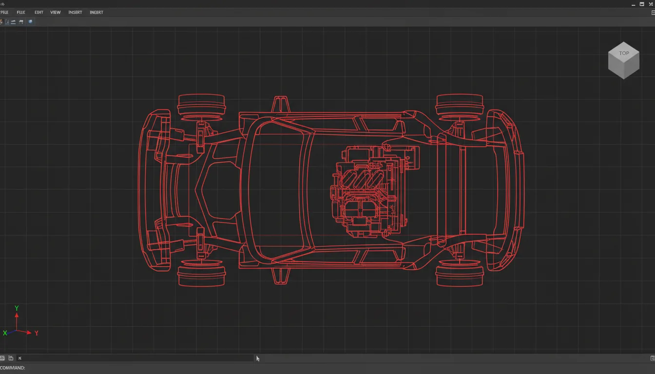 Screenshot of AutoCAD software in Modern Dark Mode, featuring a top-down 2D wireframe view of a car chassis. The complex technical drawing is rendered in vibrant, solid red lines on a dark charcoal canvas with a faint grid. Key UI elements are visible: a ViewCube navigation widget in the top-right corner, a WCS coordinate system icon in the bottom-left, and minimal placeholder text elements at the top.