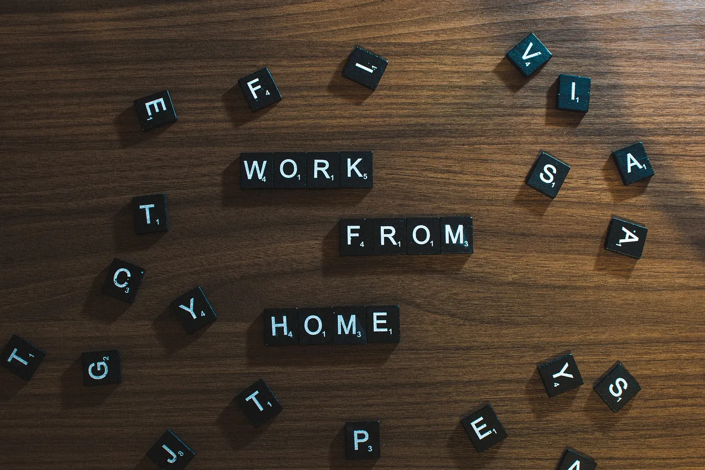 alphabets spread on a table and few alphabets are organised to say "work from home"