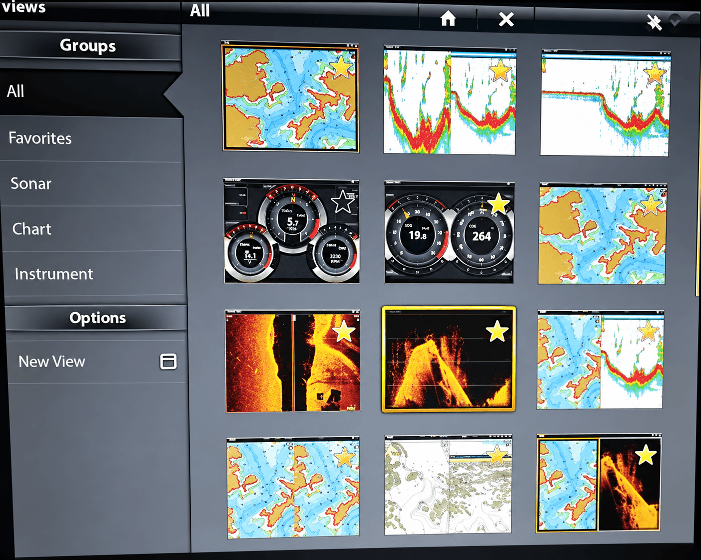 Illustrative display showing sonar and chart views.
