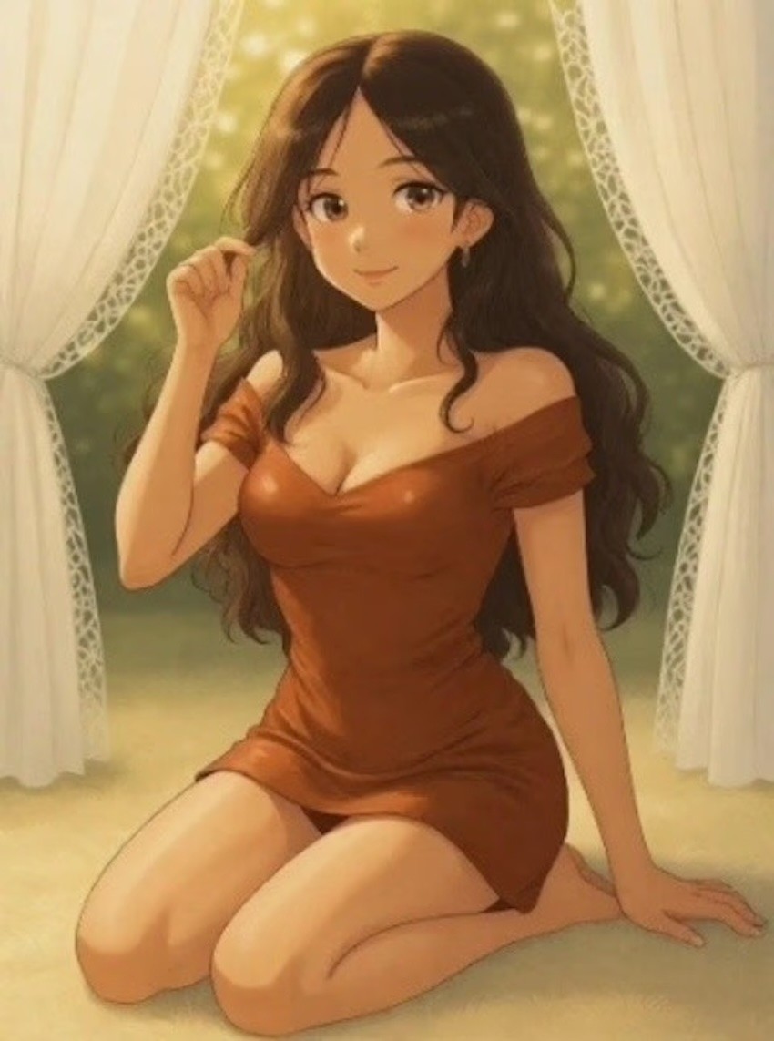 Anime-style sexy woman, long flowing dark hair, kneeling gracefully