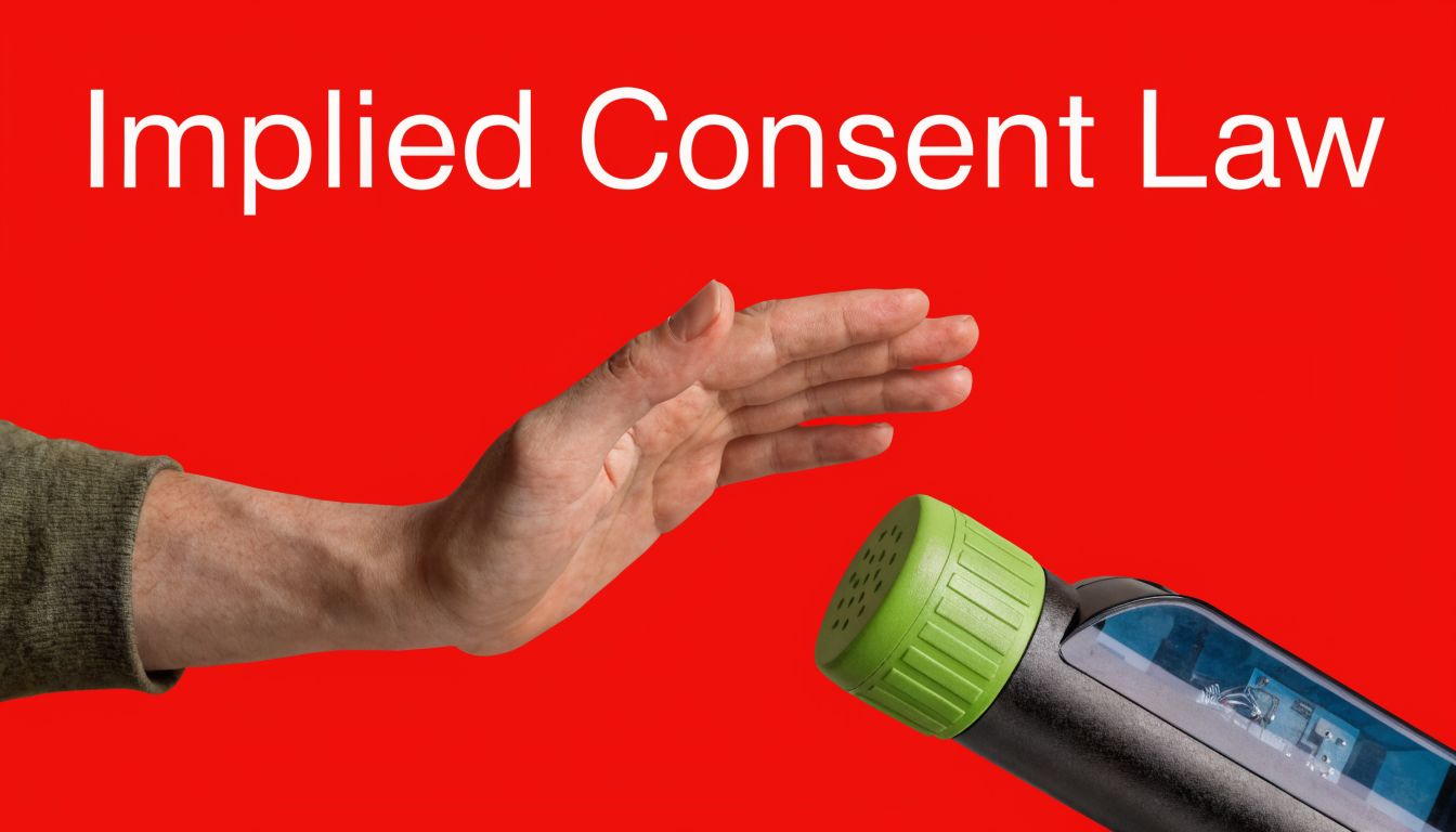 A hand held up in a gesture of refusal facing a portable breathalyzer on a red background.