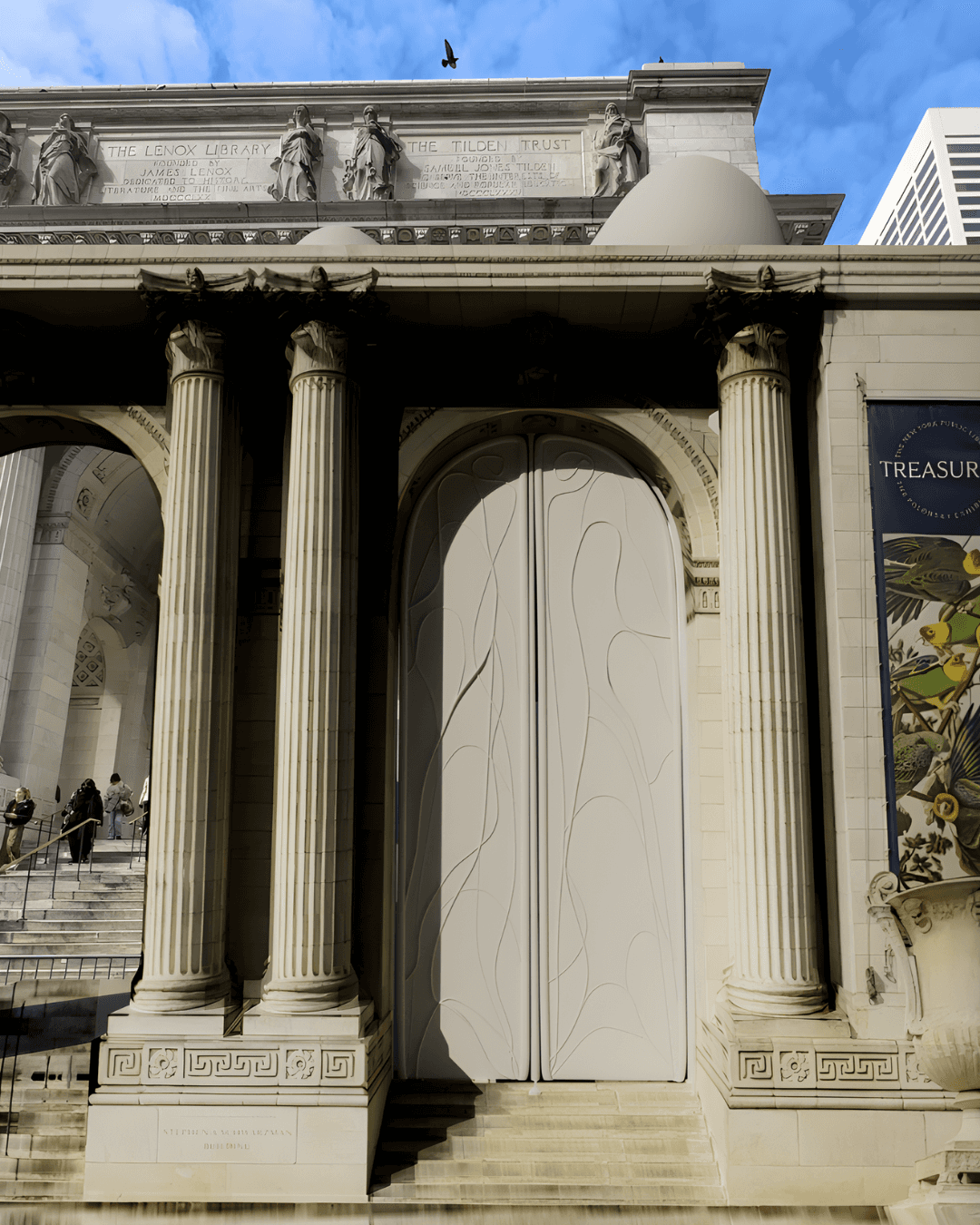 A wide-angle photo of the New York Public Library entrance is used as the real-world base for the Fenty Beauty activation