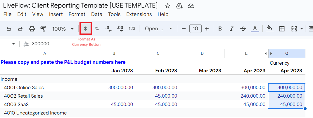 Format as Currency Button Google Sheets