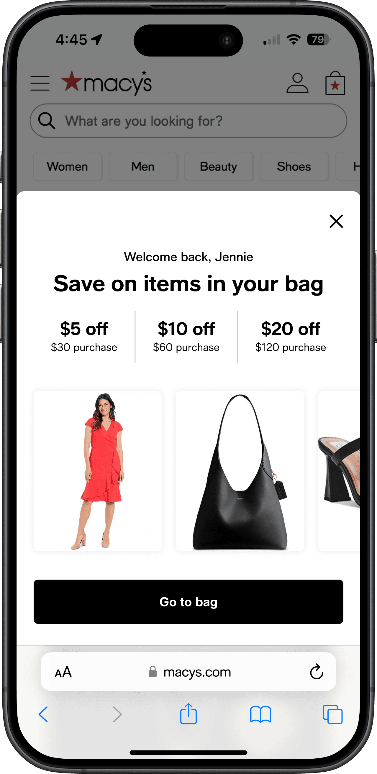 Abandoned bag modal featuring first name personalization, a tiered incentive, carousel of abandoned bag items, and CTA to continue to bag