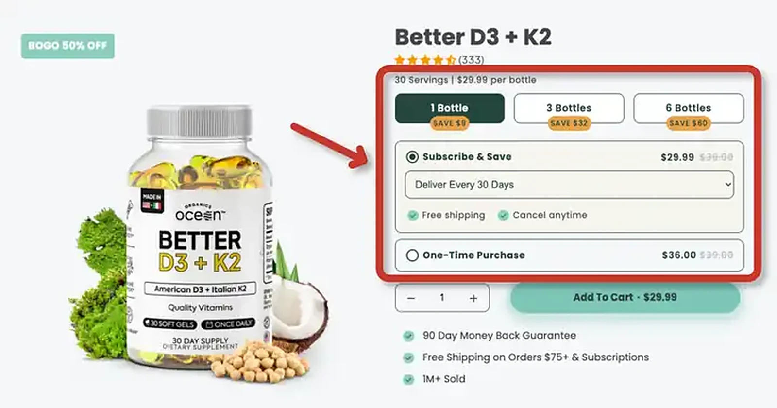 The Organics Ocean product page with the subscribe-and-save default variant