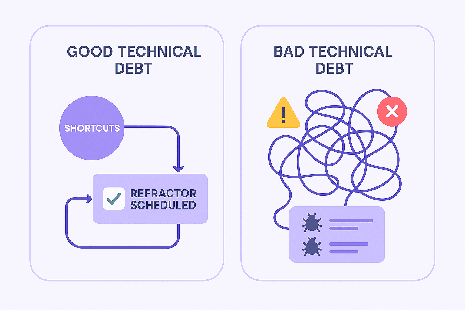 Diagram showing comparison between good technical debt (planned shortcuts) and bad technical debt (unmanaged messy code)