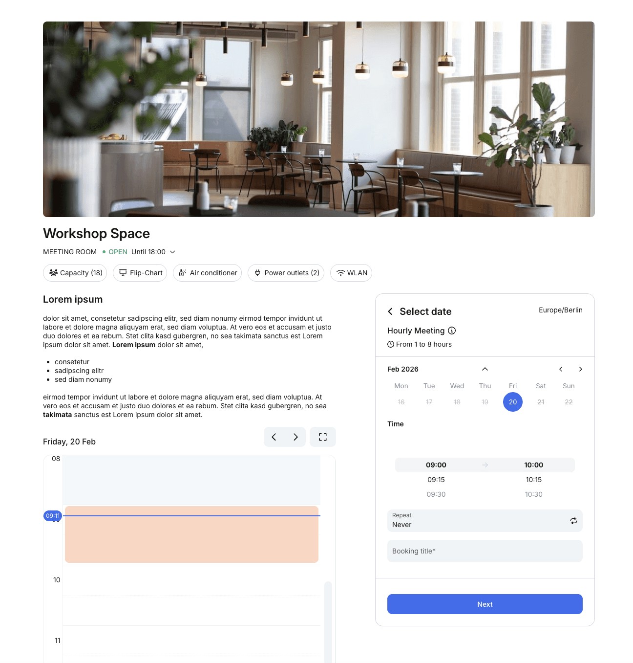 Booking page for a room in the Coworking Office