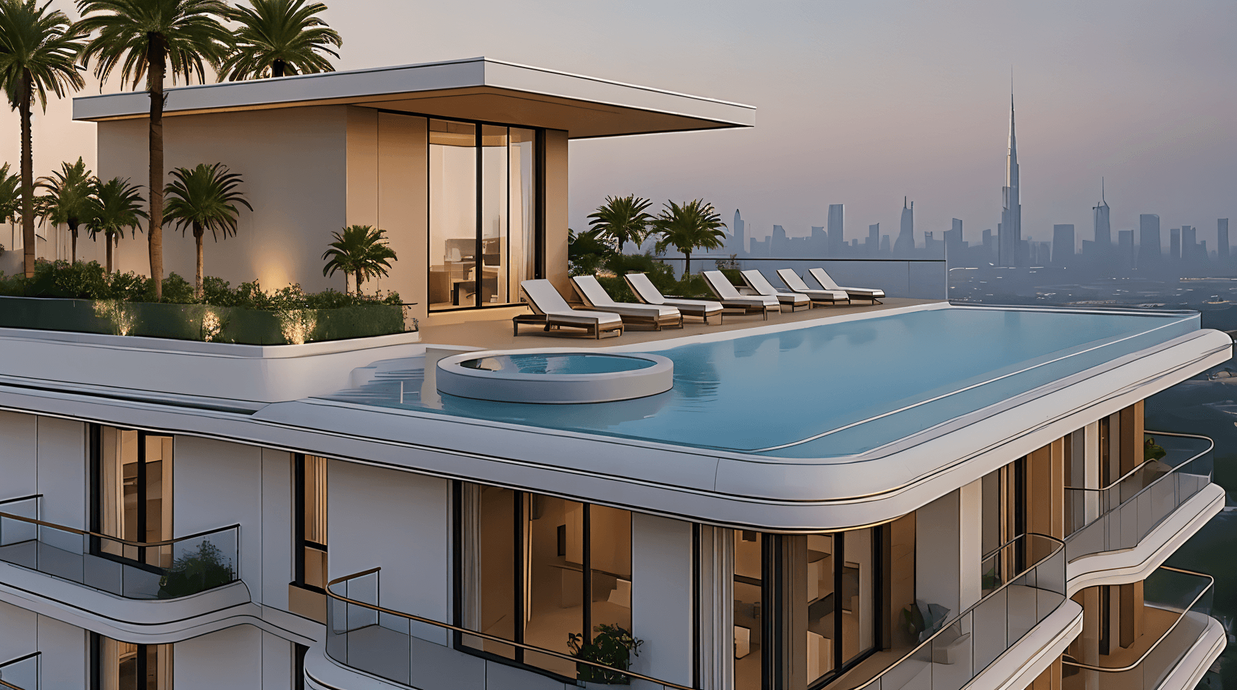 A contemporary apartment building, Celesto 3 by Tarrad, featuring a swimming pool on its rooftop terrace.