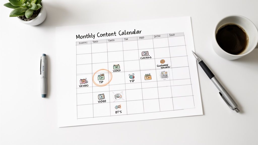 A monthly content calendar with handwritten notes and doodles on a white desk with a pen, coffee, and a plant.