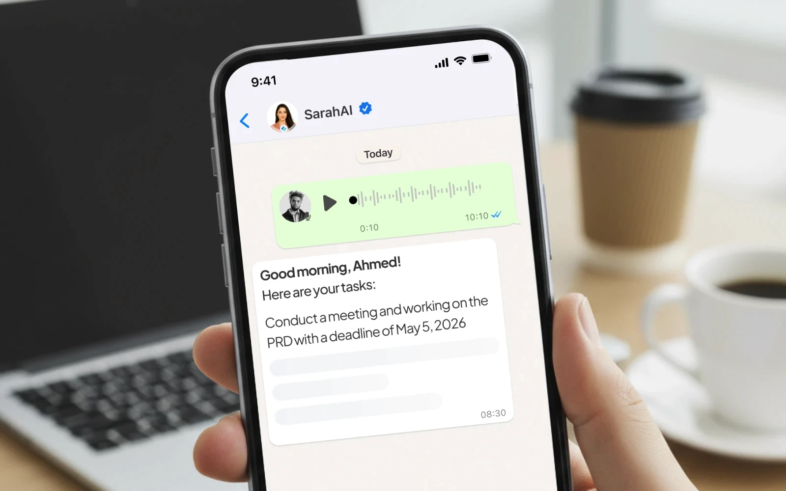 SarahAI WhatsApp voice note being converted into a scheduled task and reminder