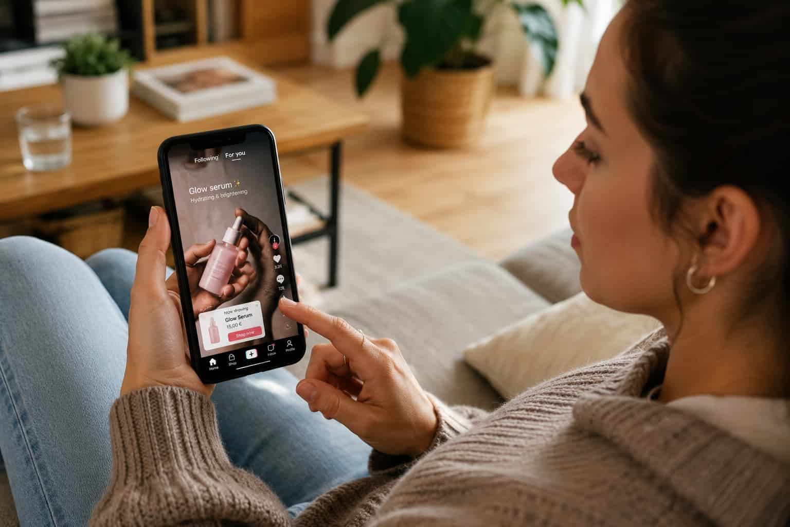 A consumer relaxes at home while browsing short-form shopping content on a smartphone and discovering products through a social commerce feed.