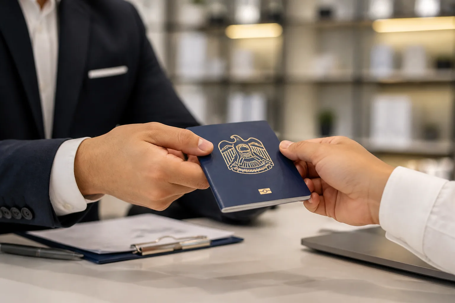 Employee Visa Transfer in the UAE beside a passport, residence permit card and application calendar