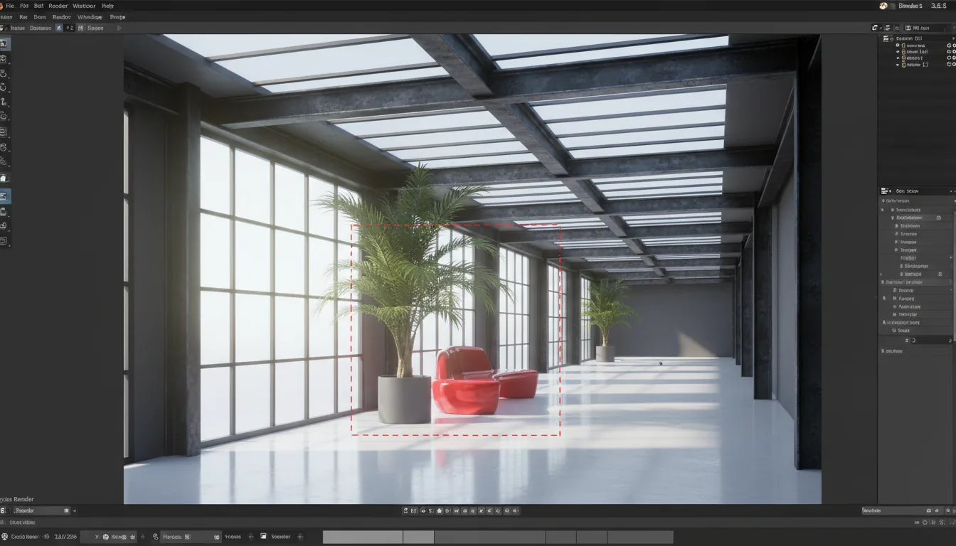 Screenshot of the Blender 3D software interface in modern dark mode, displaying a photorealistic architectural render in the main viewport. The UI has a top menu bar and a bottom panel with abstracted text and UI elements. The 3D scene is a long, industrial-style hallway with exposed dark metal I-beam trusses, frosted glass panels, and a polished white floor. Bright, natural daylight streams in from the side, illuminating a vibrant red sculptural bench and a potted palm tree. A red rectangular selection box is visible in the center of the 3D view.