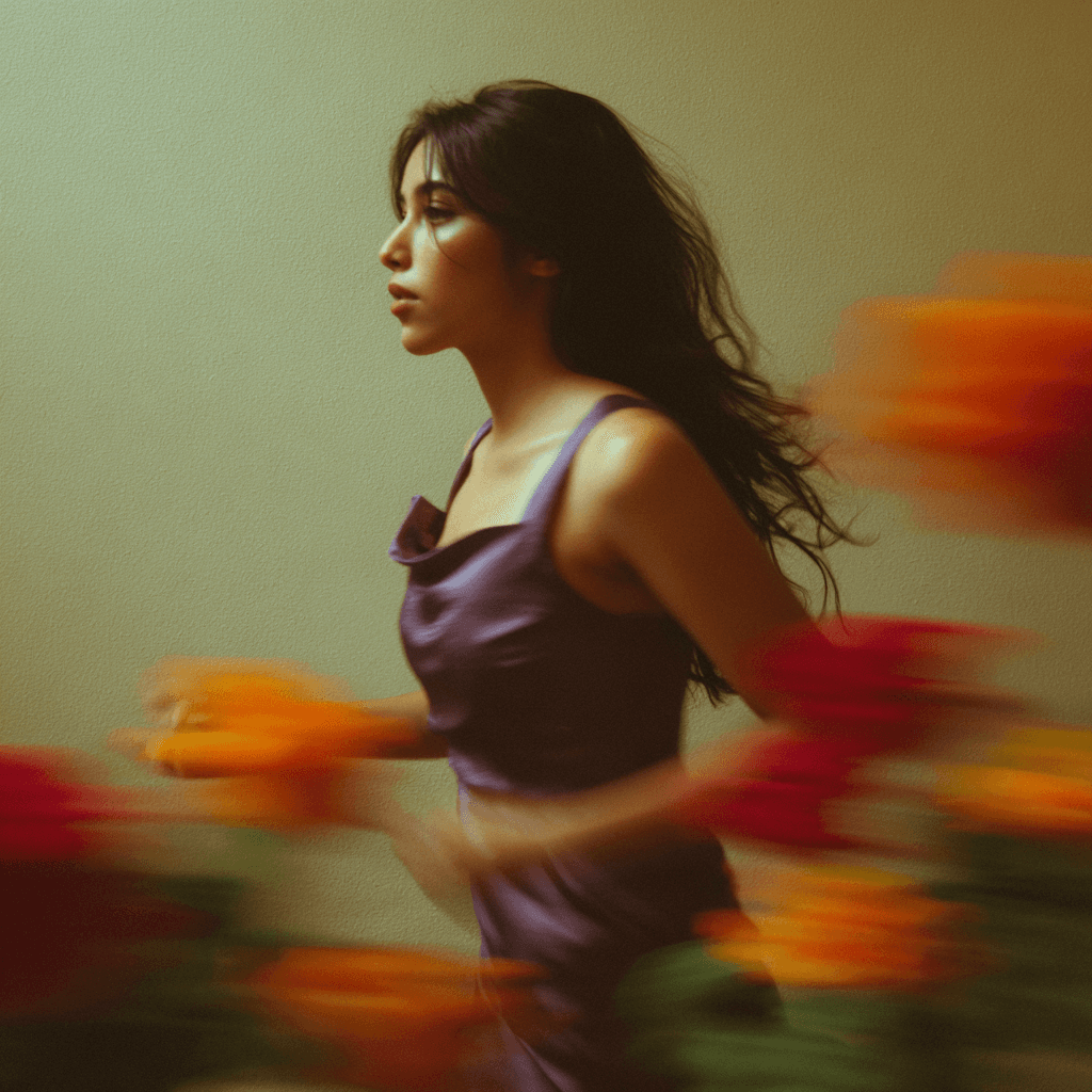 Women with flowers running motion blur 