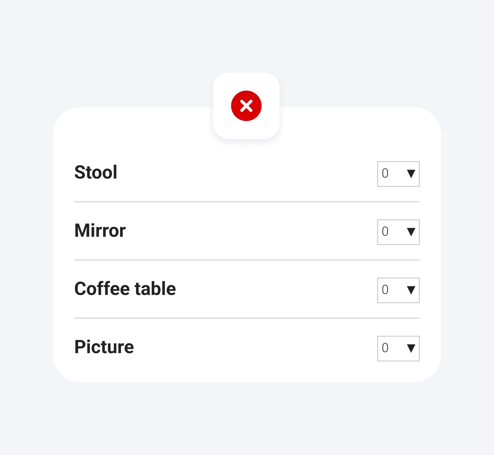 Image with a cross at the top, showing examples of a dropdown option for each volume calculator item.