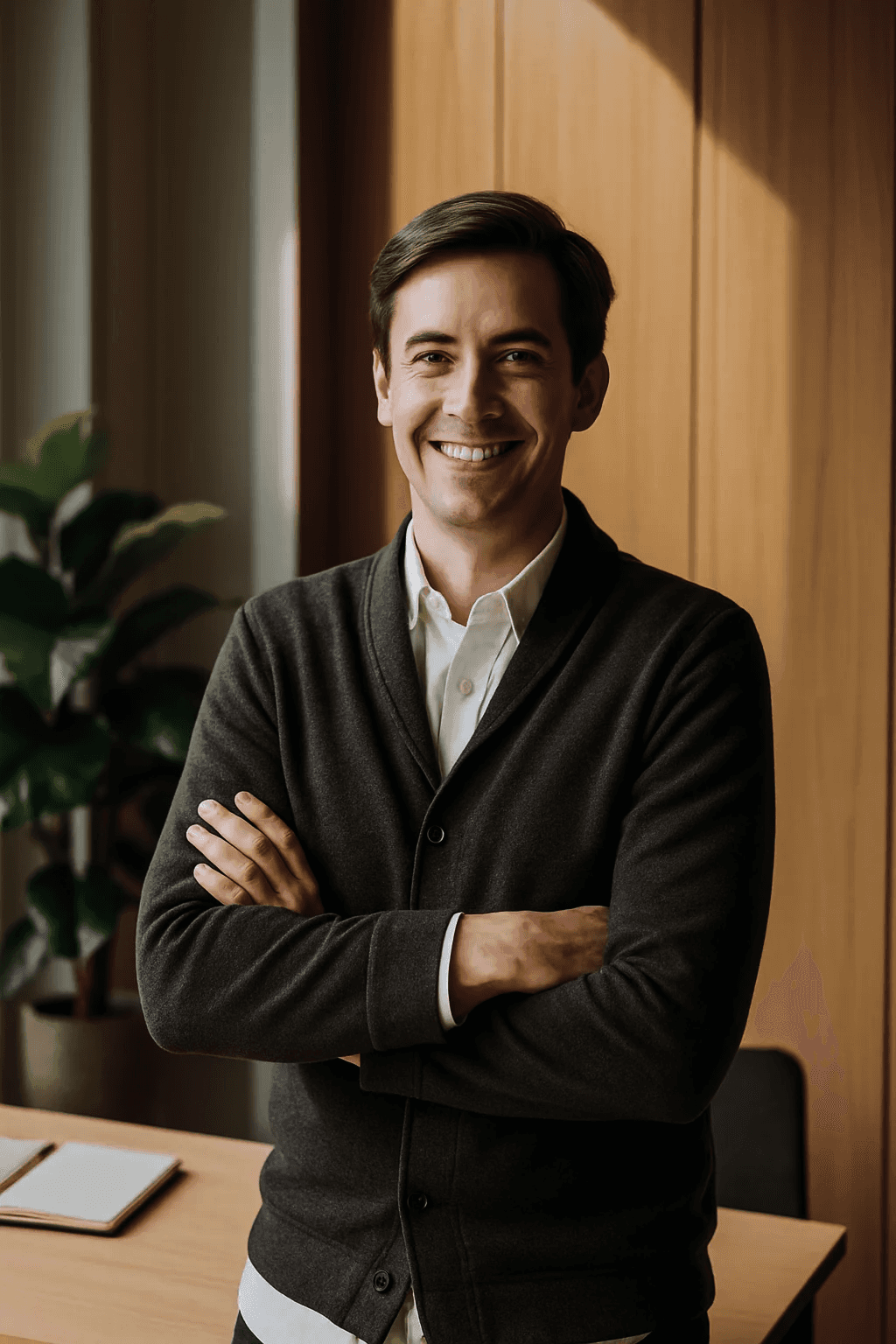 Man with a beard in a dark button-up shirt, smiling while writing in a notebook.