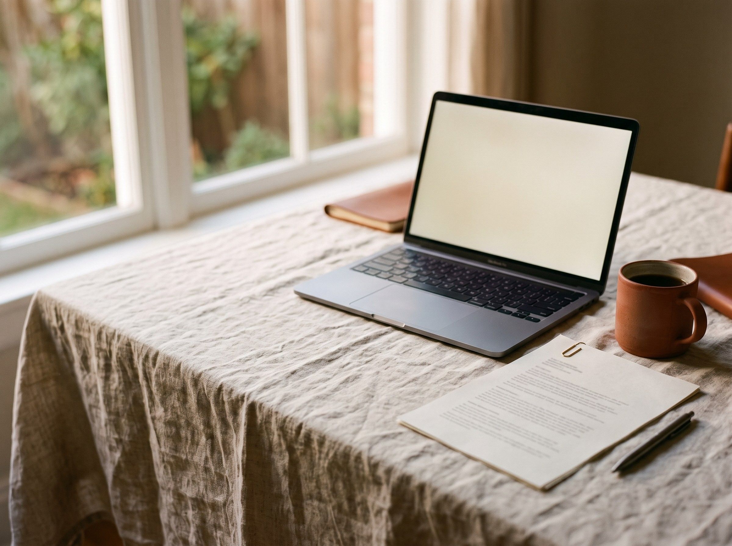 A laptop and paperwork on a linen-covered table