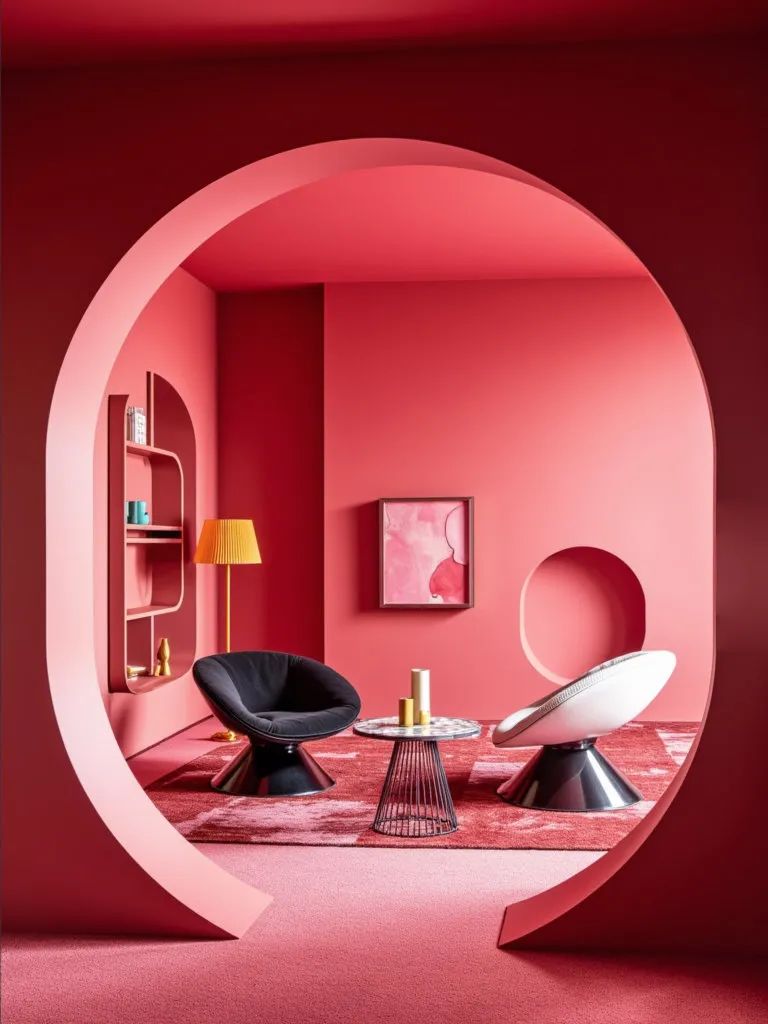 AI-generated modern minimalist interior style study, bold colour rooms, sculptural furniture, clean geometry and architectural light