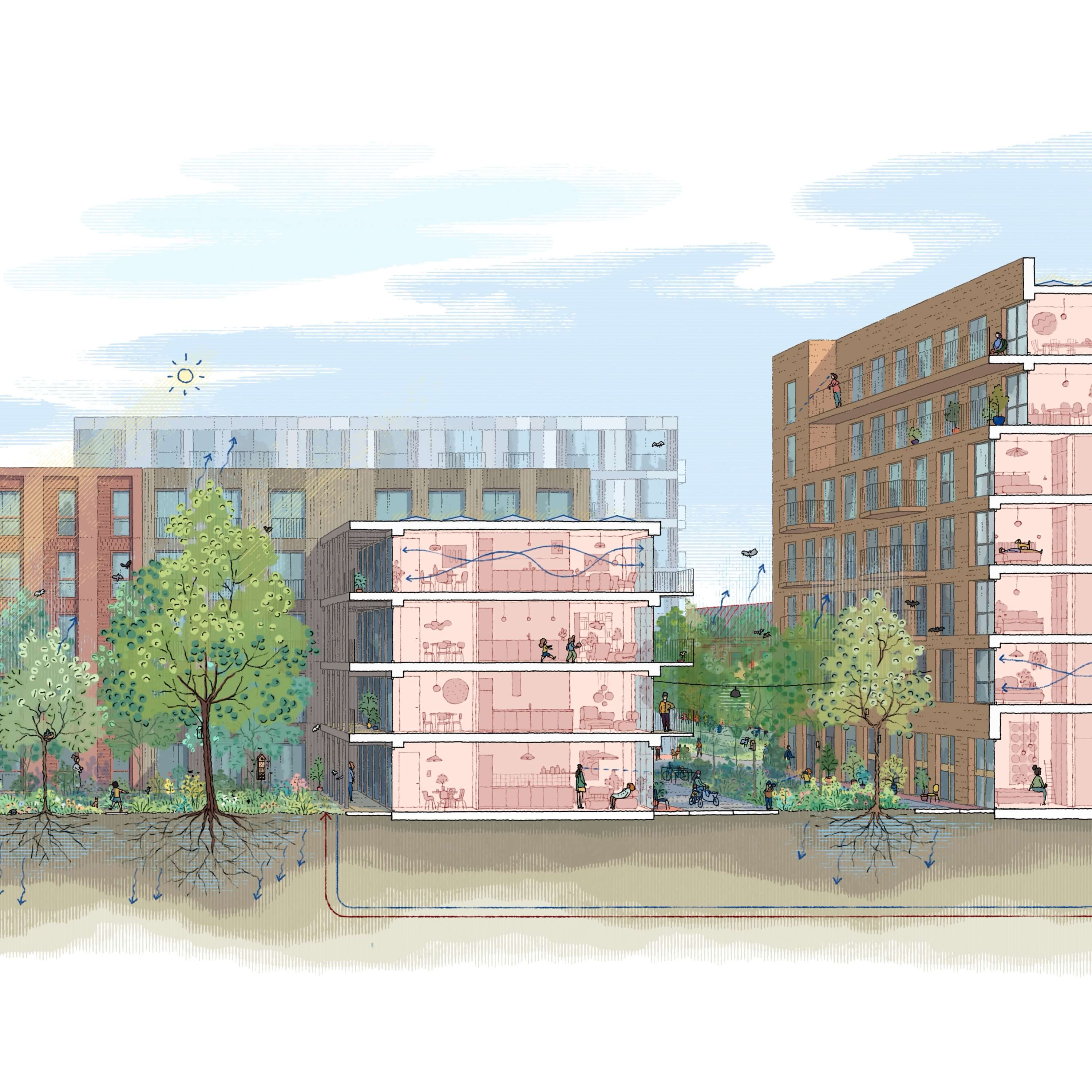 Two modern buildings in soft pink and brown, surrounded by greenery under a partly cloudy sky.