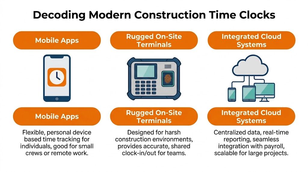 An infographic titled Decoding Modern Construction Time Clocks displaying three types of time tracking systems.