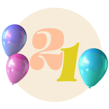 Colorful balloons and the number 21 on a light circular background, celebrating a special occasion.