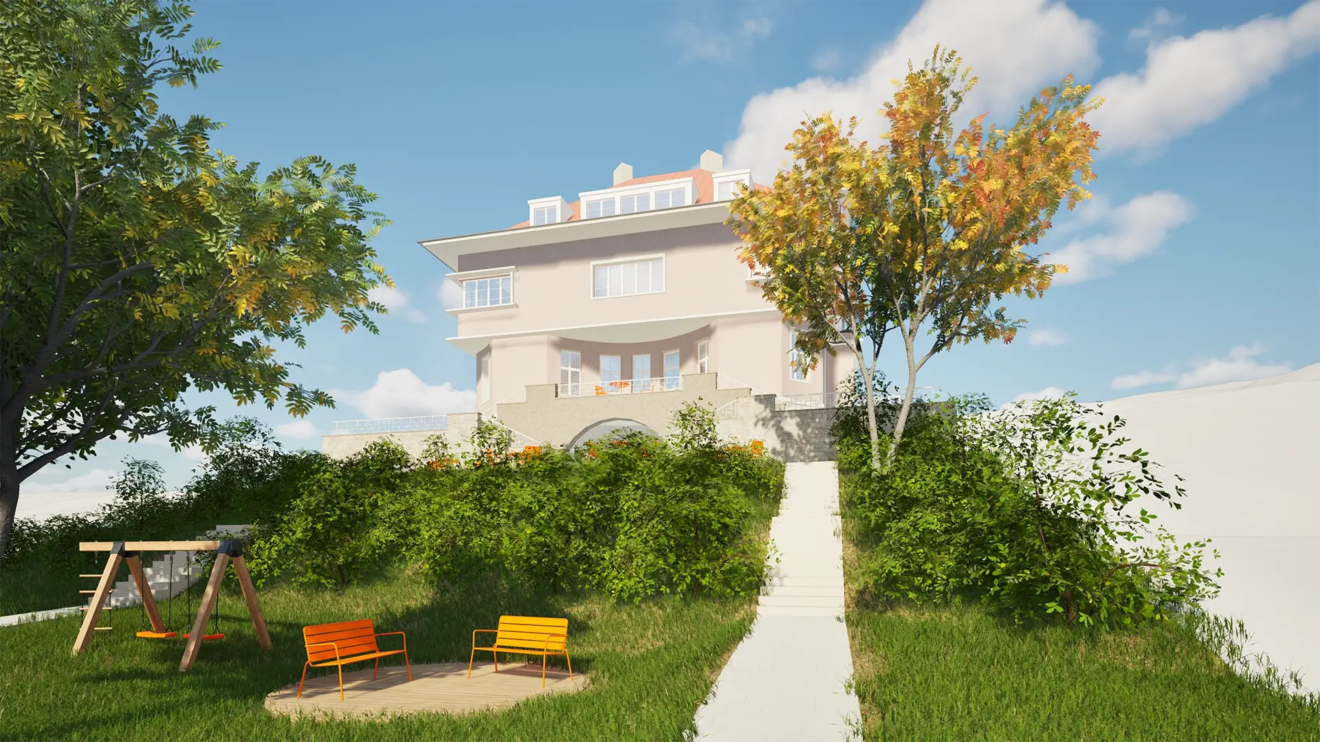 Vizualizace budoucí podoby Vily Heller. Opravený světlý dům s terasami, zasazený do upravené zahrady.