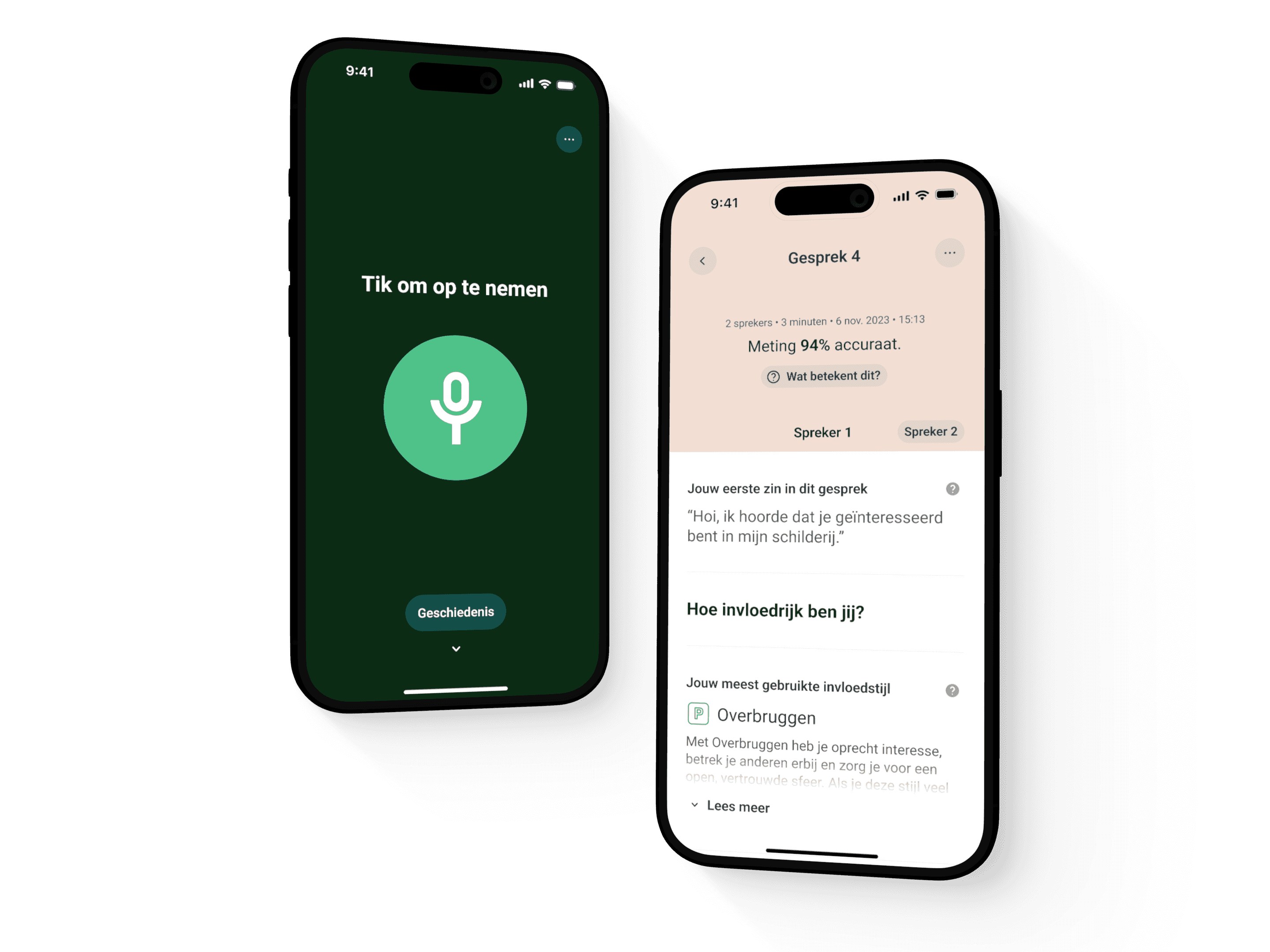 Two iPhones showing the CommScan iOS application. The left screen is showing the Home view, the other screen is showing the Conversation Analyze view.