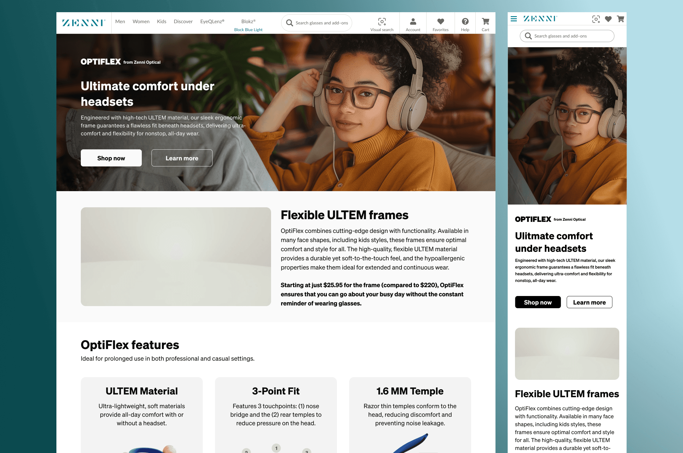 Zenni OptiFlex desktop and mobile landing page showing headset-compatible frames with ULTEM material feature callouts