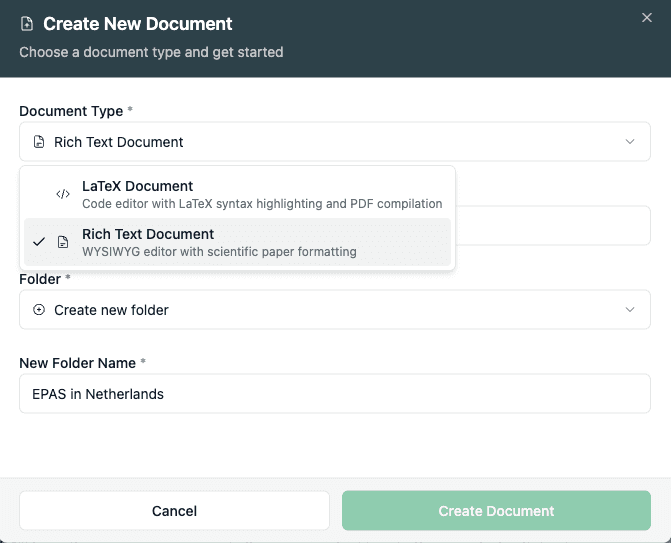 thesify Coauthor document creation panel showing rich-text and LaTeX manuscript options