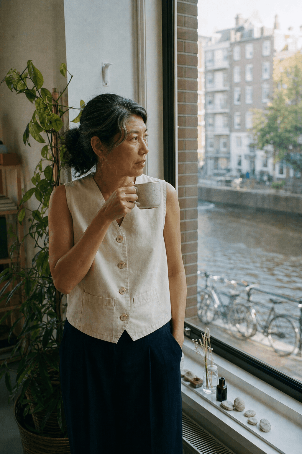 Therapist standing at a canal window with a mug, the session done