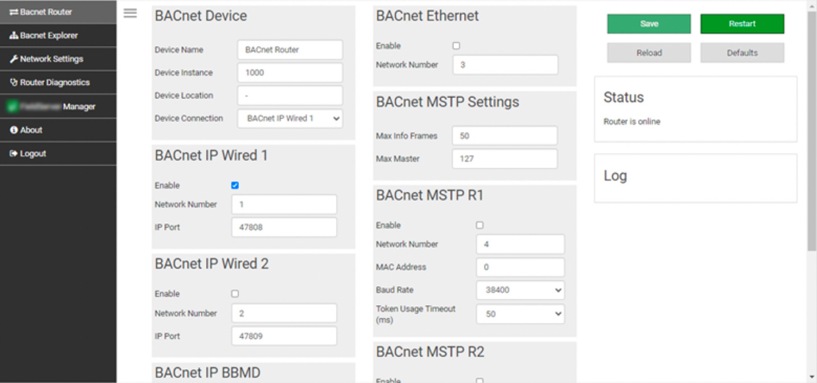 The legacy BACnet Router's user interface.