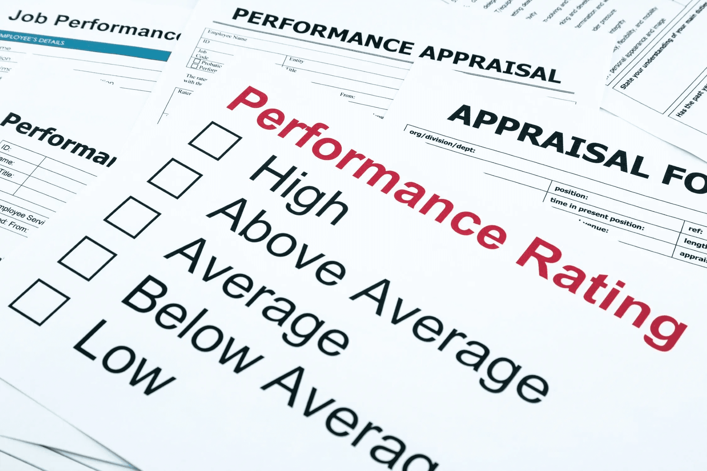 Image shows employee performance rating form - : 7 Appraisal Data Categories for Better Reviews in 30 Minutes