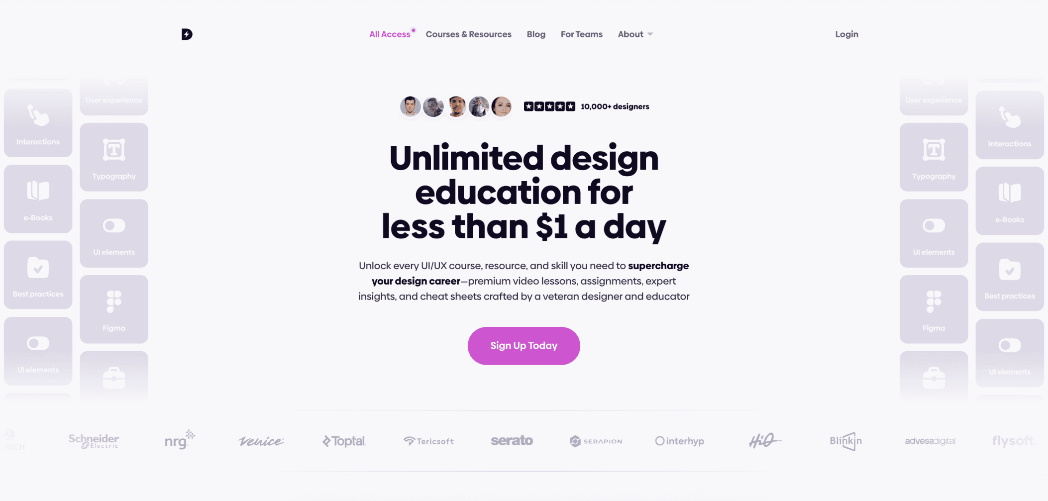 Supercharge Design homepage featuring the headline “Unlimited design education for less than $1 a day” with a purple “Sign Up Today” button and company logos displayed below.