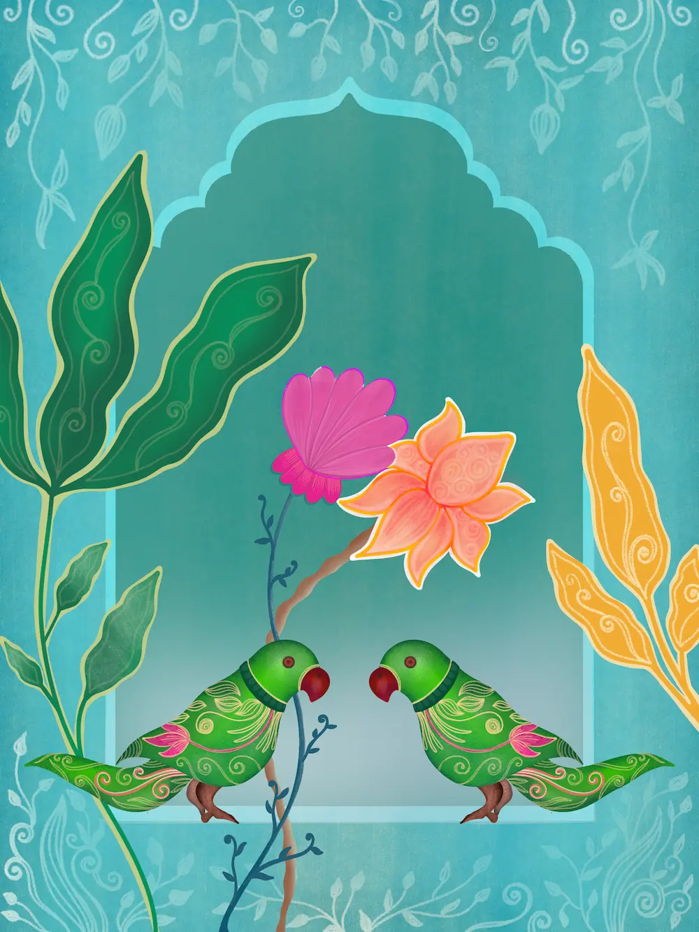 Indian art with Indian design and Indian patterns. Indian Digital drawings inspired by South Asian culture. South Asian Digital Art. Indian parrot with large plants and flowers around looking through a window.