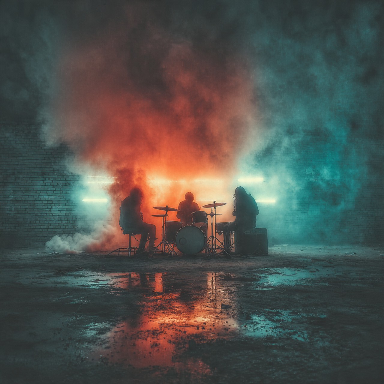Silhouetted band members play instruments in a smoky warehouse, backlit by vibrant orange and teal lights, creating a moody, dramatic ambiance.