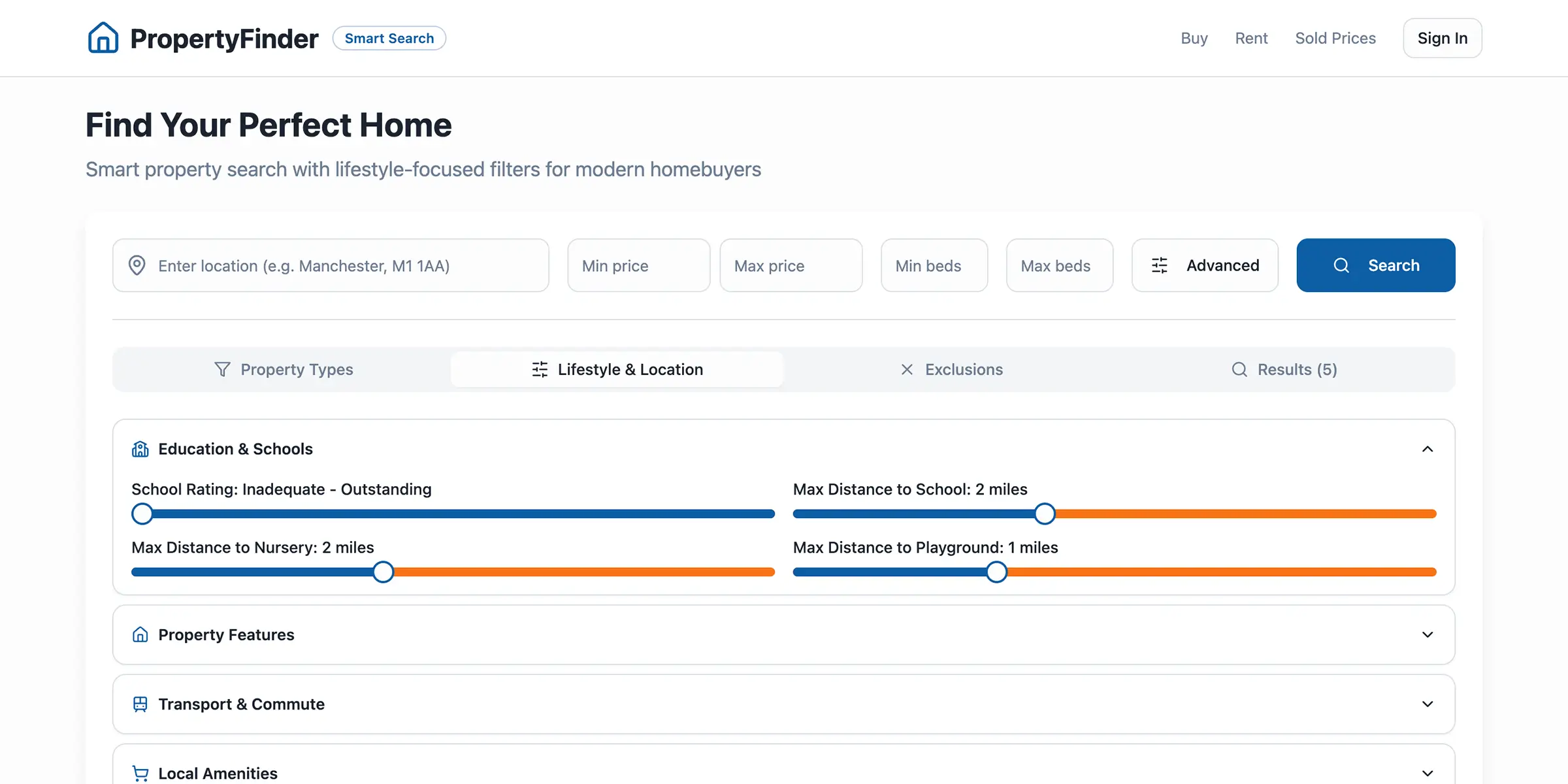 image of property search prototype using advanced filtering