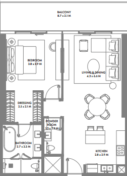 1-bedroom apartment floor plans for W Residences, detailing room arrangement and sizes.