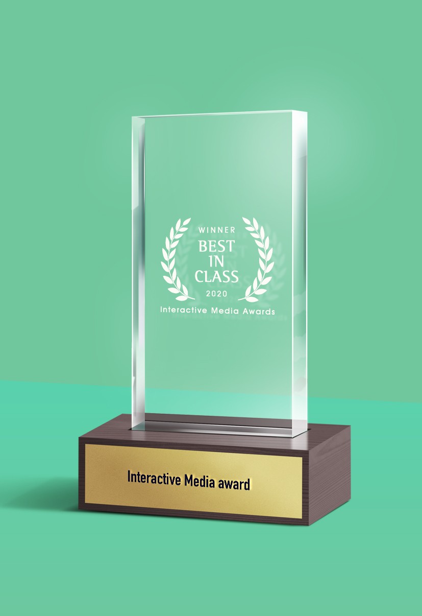 Interactive Media Awards – Best in Class 2020 winner trophy on green background.