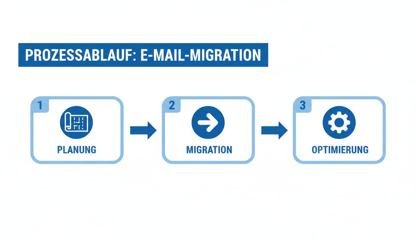 Drei Schritte zur E-Mail-Migration: Planung, Durchführung der Migration und anschließende Optimierung des Systems.