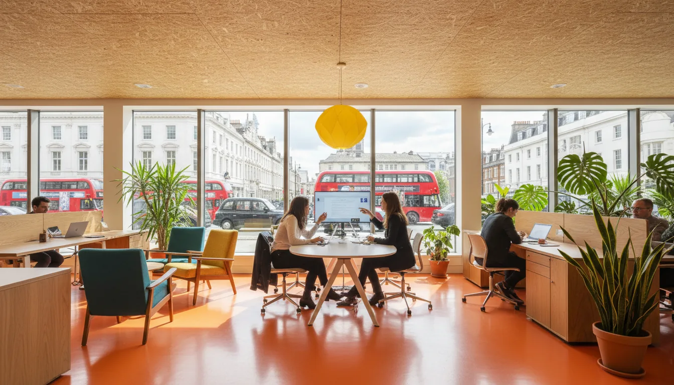 DSLR photograph, wide-angle shot of a vibrant, modern coworking space in London, bathed in bright, warm natural daylight. The interior features a glossy, bright orange epoxy floor and a textured, pressed wood fiber ceiling. People are working on laptops and chatting, with two women collaborating at a central white table. The space is decorated with mid-century modern furniture, a yellow geometric paper lantern, and numerous lush green plants, including Monstera. Large windows in the background reveal a classic London street scene.