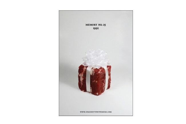 The image shows the cover of a book titled "Memory No. 25" from 1992. The cover features a photograph of a red, textured object wrapped with a white ribbon and adorned with a white bow, placed on a plain white background. The book’s title and publication year are printed in black text at the top center of the cover. At the bottom, the website address "www.spaghettiwit.com" is printed in small black text.